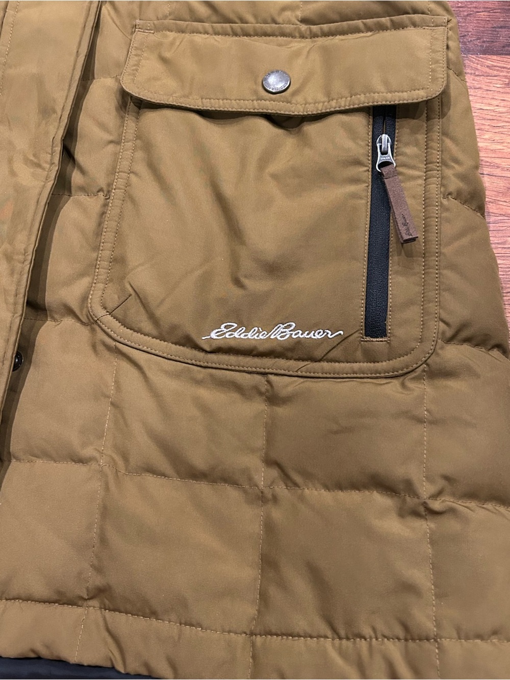 Eddie Bauer Hooded Down Parka with Faux Fur Women’s Small Gold Brown Coat EB550 - Picture 3 of 11